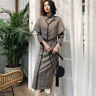 Set: Patterned 3/4-sleeve Qipao + Scarf
