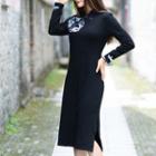 Long-sleeve Embroidered A-line Midi Qipao Dress