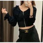 Long Sleeve V Neck Ruffle Collar Zip Cropped Top