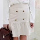 Band-waist Frill-hem Buttoned Skirt