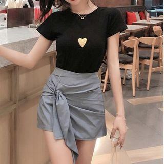 Set: Heart Print T-shirt + Lace-up Skirt