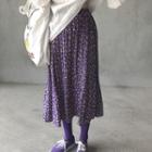 Pleated Floral Midi Skirt Purple - One Size