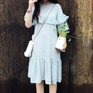 Floral Print Flounced Elbow-sleeve Midi A-line Dress