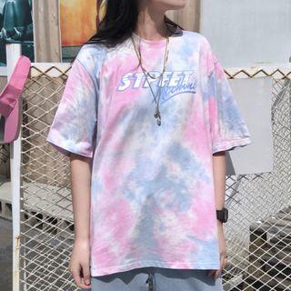 Dye Print Lettering Elbow-sleeve T-shirt