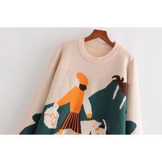 Long-sleeve Print Sweater Beige - One Size