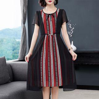 Sheer Short Sleeve Striped Panel Chiffon Dress