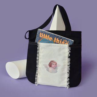 Angel Print Canvas Tote Bag Black - One Size