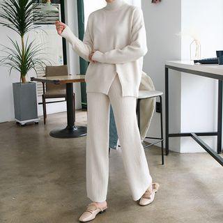 Set: Mock-neck Wool Blend Knit Top + Pants