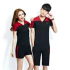 Couple Matching Set: V-neck Color Block Short-sleeve T-shirt + Sweat Shorts