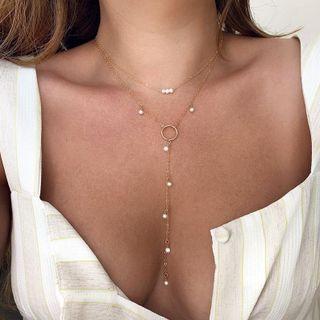 Faux Pearl Layered Alloy Choker Necklace A01-05-08 - Gold - One Size