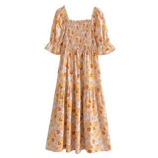 Floral Print Square Neck Short Sleeve A-line Dress