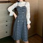 Set: Bell-sleeve Top + Plaid Midi A-line Overall Dress