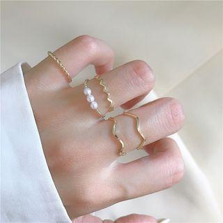 Set Of 5 : Faux Pearl / Wavy Alloy Ring (assorted Designs) 2156 - Set Of 5 - Ring - Gold - One Size