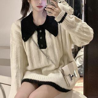 Polo-neck Two-tone Sweater White - One Size
