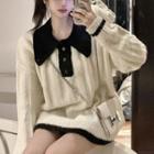 Polo-neck Two-tone Sweater White - One Size
