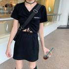 Short-sleeve Drawstring V-neck Cropped Top / A-line Mini Skirt