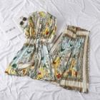 Long-sleeve Printed Buttoned A-line Dress / Wide-leg Pants