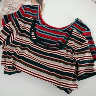 Square-neck Color Block Striped T-shirt