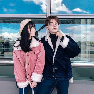 Couple Matching Corduroy Furry-lined Buttoned Jacket