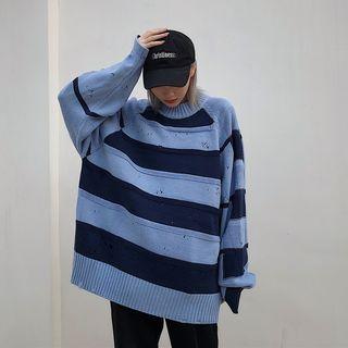 Distressed Round Neck Striped Sweater
