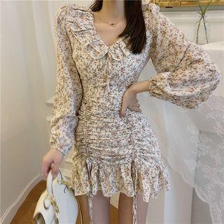 Long-sleeve Print Ruffled Lace-up Dress