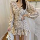 Long-sleeve Print Ruffled Lace-up Dress