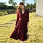 V-neck Pleated Knit Midi A-line Dress
