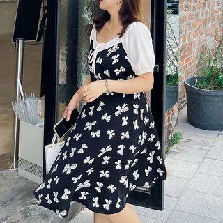 Bow Print Panel Midi A-line Dress