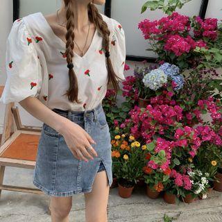 Puff-sleeve V-neck Cherry Embroidered Top White - One Size