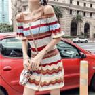 Cold Shoulder Short-sleeve Knitted Dress Stripes - Red & Blue - One Size