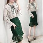 Set: Printed Blouse + Lace Pencil Skirt