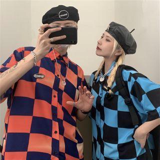 Elbow-sleeve Checkered Print Shirt