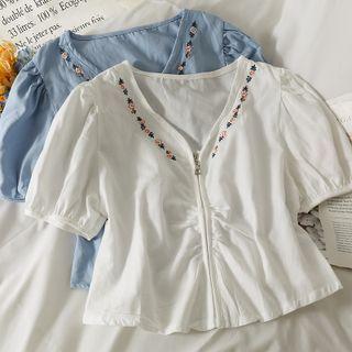 Embroidered Zipper Crop Top