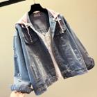Ripped Embroidered Detachable Hood Denim Jacket Blue - One Size