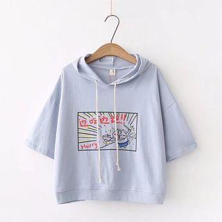 Short-sleeve Cat Print Hoodie Blue - One Size