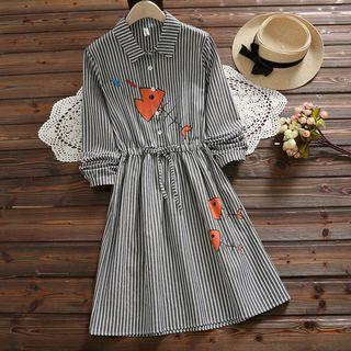 Long-sleeve Fish Print A-line Striped Dress