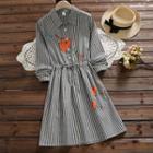 Long-sleeve Fish Print A-line Striped Dress