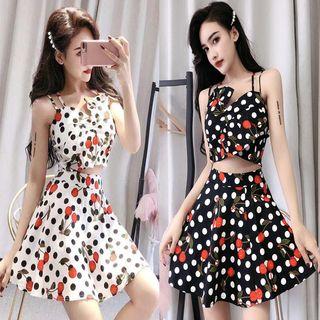 Set: Cherry Print Cropped Camisole Top + Mini A-line Skirt