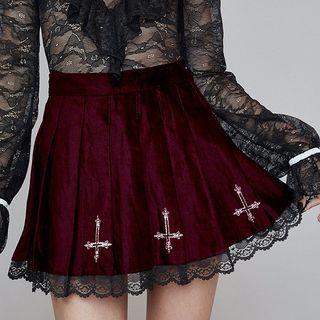 Cross Embroidered Lace Trim Mini A-line Skirt
