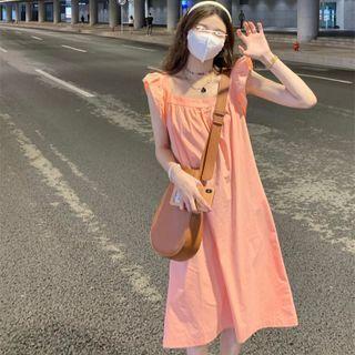 Sleeveless Frill Trim Midi Dress Peach Pink - One Size