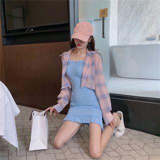 Set : Ruffle Pleated Sleeveless Dress + Plaid Long-sleeve Shirt Blue Dress + Shirt - One Size
