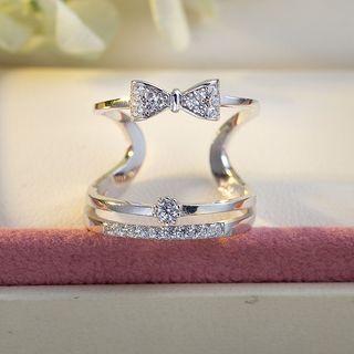 925 Sterling Silver Rhinestone Bow Layered Ring