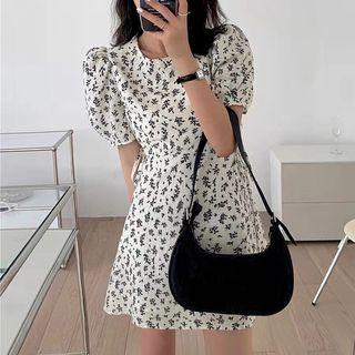 Puff Sleeve Floral Print Cutout-waist Mini A-line Dress