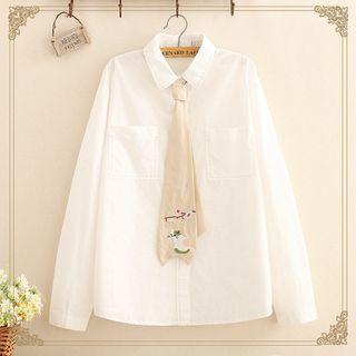 Floral & Cat Embroidered Tie Pocket-front Shirt