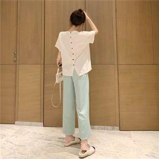 Buttoned-back Top/ High-waist Straight-cut Pants