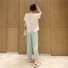 Buttoned-back Top/ High-waist Straight-cut Pants