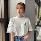 Dotted Mesh Panel Cartoon Print Short-sleeve T-shirt