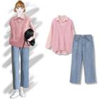 Plain Shirt / Cable-knit Sweater Vest / Straight Leg Jeans