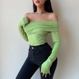 Long Sleeve Plain Off-shoulder Ruched Top