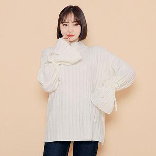 Mock-neck Tie-sleeve Knit Top
